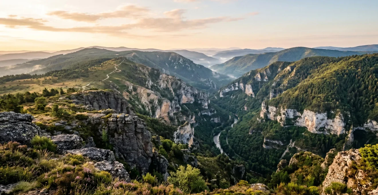 Vue panoramique sur les plateaux de Lozère avec gorges profondes et végétation variée illustrant la diversité géologique du département