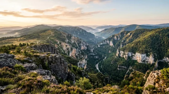 Vue panoramique sur les plateaux de Lozère avec gorges profondes et végétation variée illustrant la diversité géologique du département