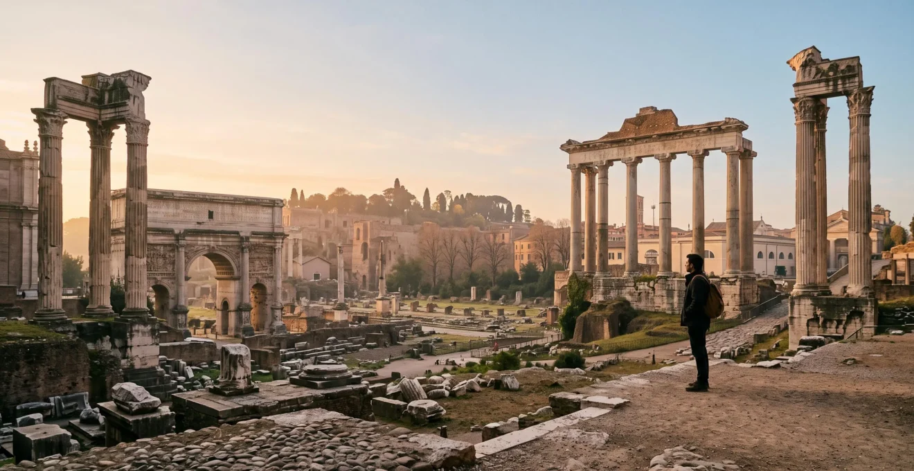 Vue panoramique du Forum Romain au petit matin avec un visiteur solitaire contemplant les ruines antiques loin de la foule