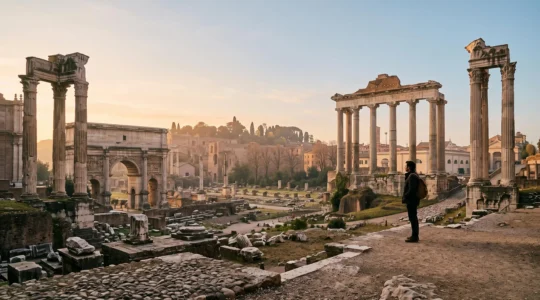 Vue panoramique du Forum Romain au petit matin avec un visiteur solitaire contemplant les ruines antiques loin de la foule
