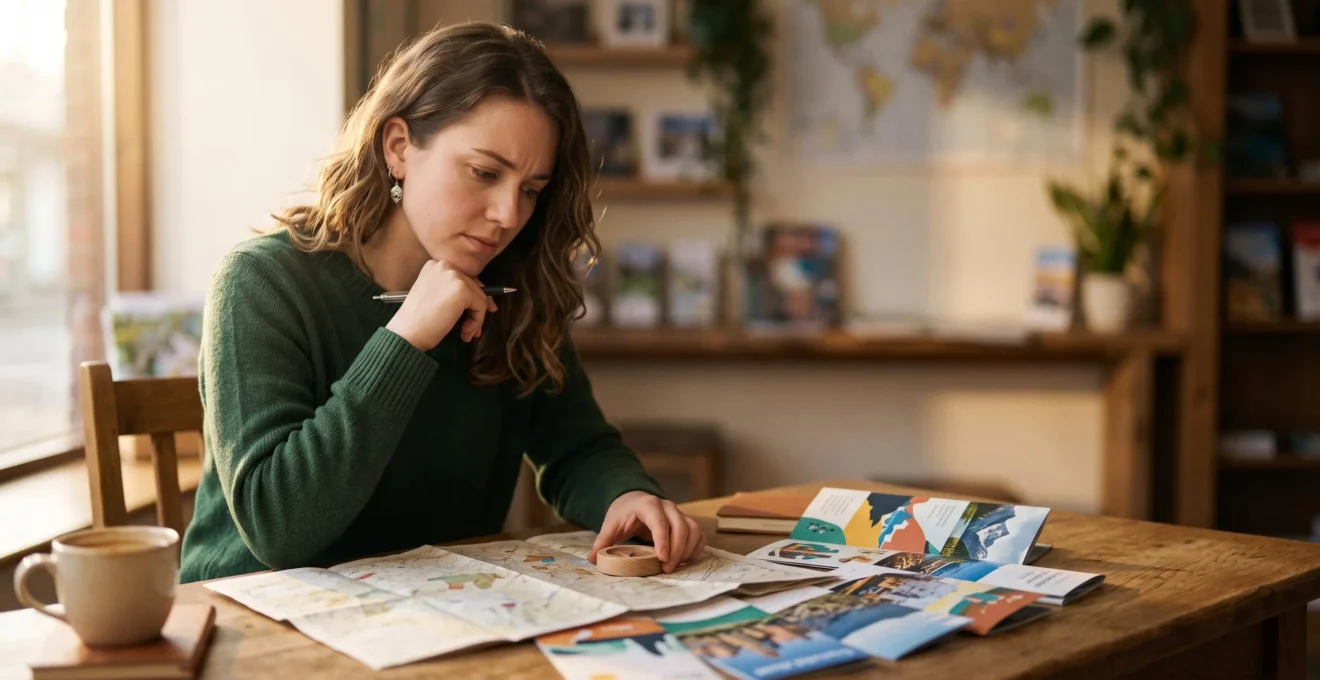 Voyageur examinant attentivement des documents de voyage pour distinguer une offre authentique d'un piège marketing