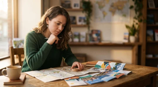Voyageur examinant attentivement des documents de voyage pour distinguer une offre authentique d'un piège marketing