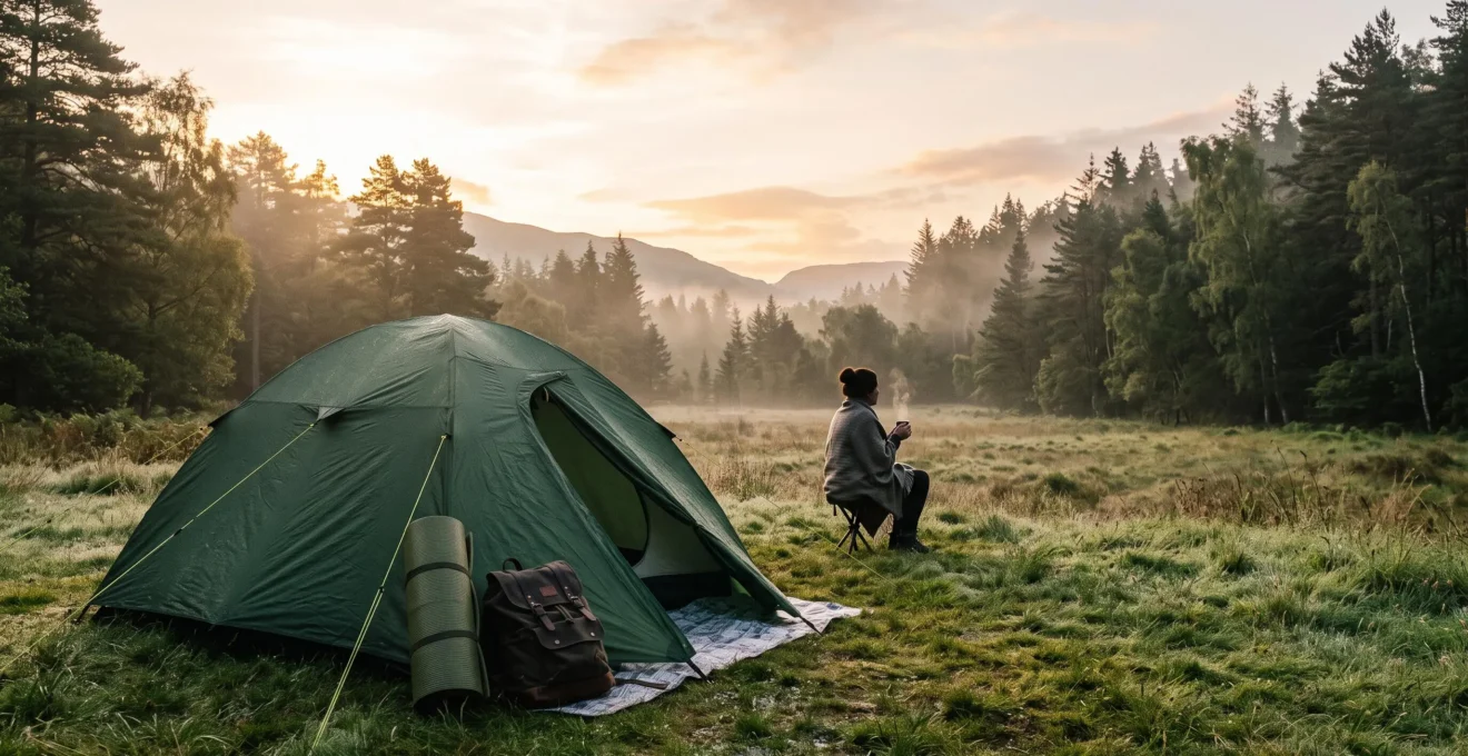 Une tente de camping fraichement montee dans une clairiere baignee de lumiere matinale, symbole des premiers pas dans le camping
