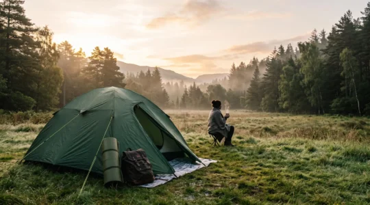Une tente de camping fraichement montee dans une clairiere baignee de lumiere matinale, symbole des premiers pas dans le camping