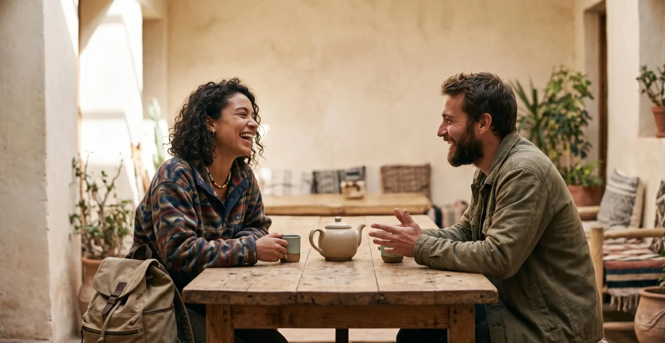 Deux voyageurs de cultures différentes partageant un moment convivial autour d'une table en bois dans un espace commun chaleureux