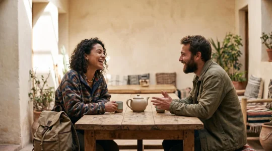 Deux voyageurs de cultures différentes partageant un moment convivial autour d'une table en bois dans un espace commun chaleureux