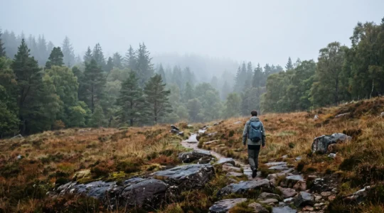 Un randonneur solitaire de dos avance sur un sentier de granit à travers une forêt brumeuse de la Margeride au lever du jour
