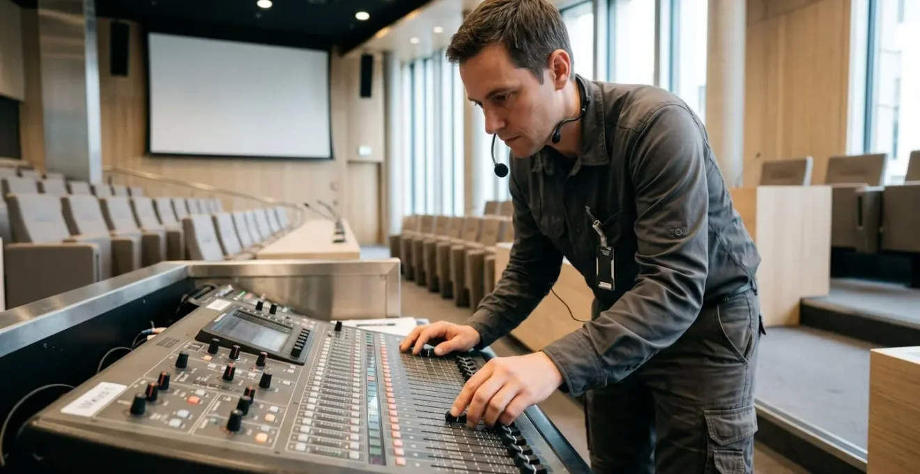 Technicien audiovisuel ajustant console de mixage sonore dans auditorium moderne, geste précis et regard concentré sur l'équipement.