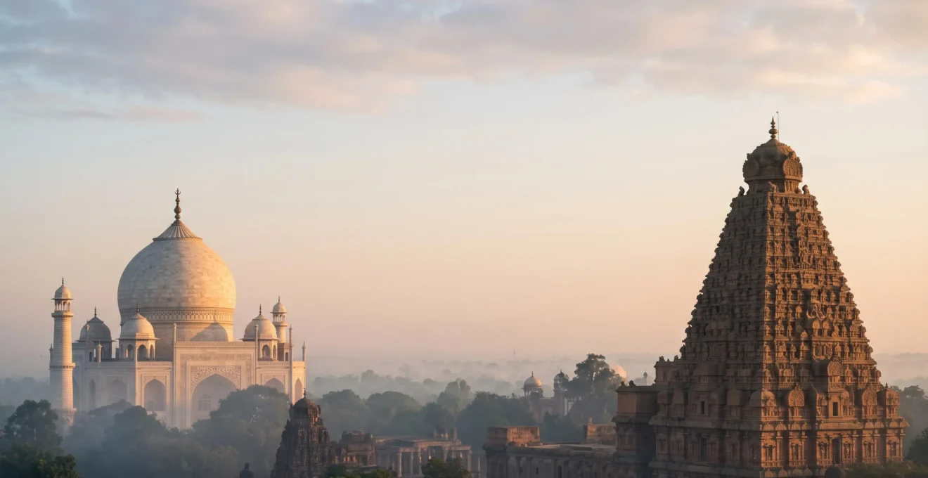 Contraste visuel entre un dôme de marbre blanc et une tour pyramidale sculptée d'un temple indien, symbolisant deux visions architecturales opposées