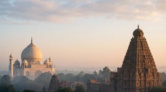 Contraste visuel entre un dôme de marbre blanc et une tour pyramidale sculptée d'un temple indien, symbolisant deux visions architecturales opposées