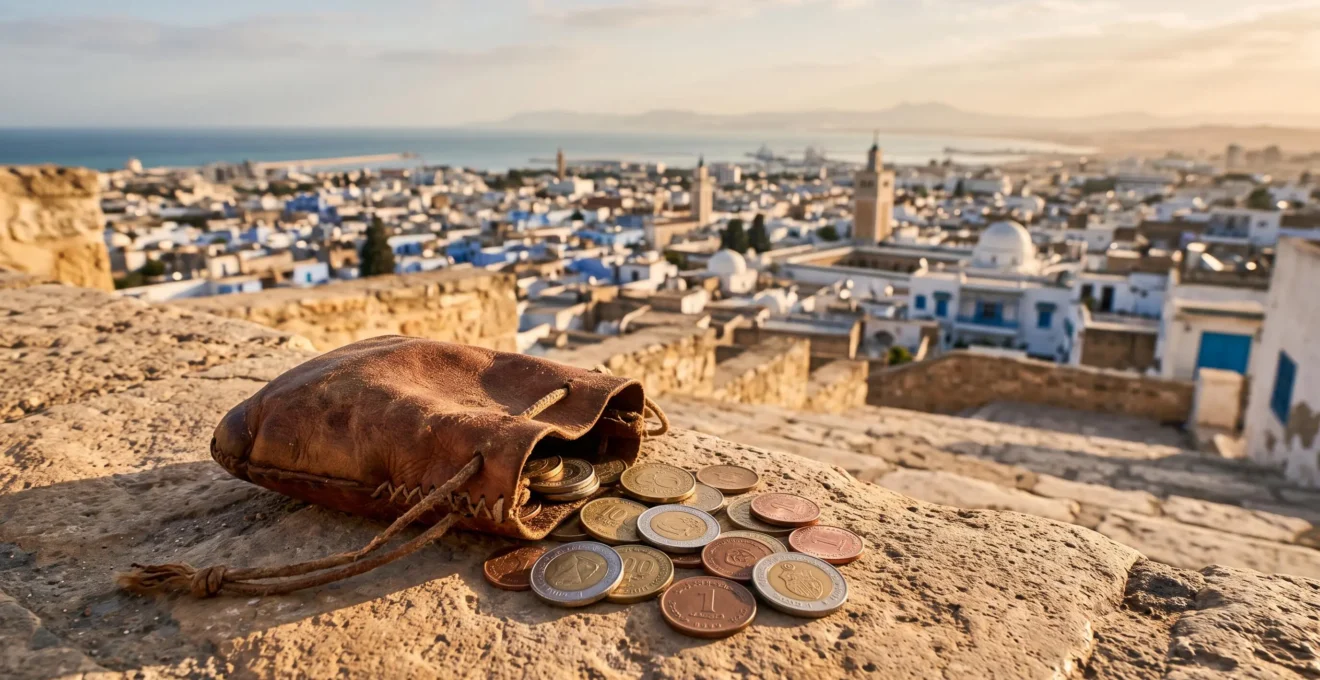 Composition évoquant un voyage authentique et abordable en Tunisie, entre médina et désert au lever du soleil