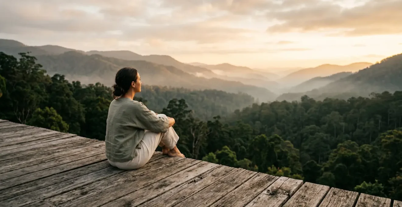 Personne en contemplation paisible dans un environnement naturel serein favorisant la détente et la déconnexion