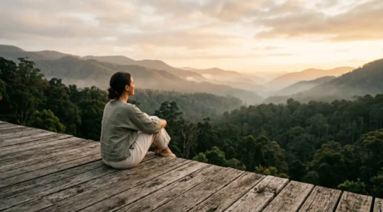Personne en contemplation paisible dans un environnement naturel serein favorisant la détente et la déconnexion