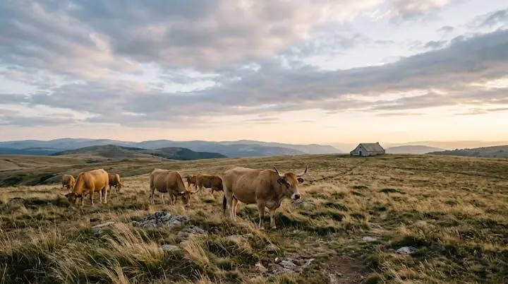 Troupeau de vaches Aubrac paissant sur un plateau volcanique sous une lumiere doree, symbolisant le lien entre paysage et patrimoine vivant