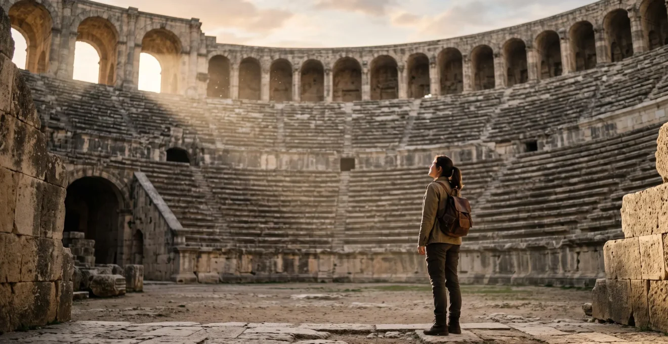 Un visiteur seul contemplant les gradins d'un amphithéâtre romain en imaginant les spectacles antiques