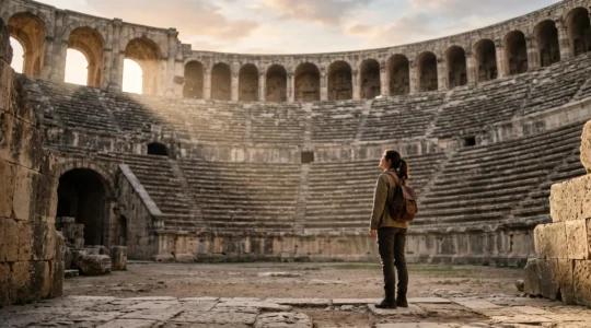 Un visiteur seul contemplant les gradins d'un amphithéâtre romain en imaginant les spectacles antiques
