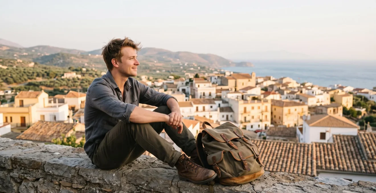 Jeune voyageur souriant avec un sac a dos assis sur un muret face a un paysage mediterraneen au lever du soleil, symbole d'un tourisme accessible et digne