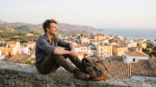 Jeune voyageur souriant avec un sac a dos assis sur un muret face a un paysage mediterraneen au lever du soleil, symbole d'un tourisme accessible et digne