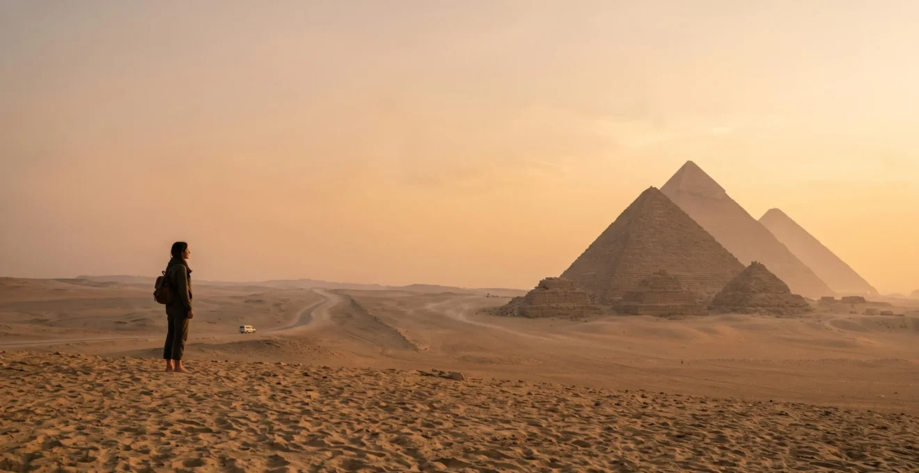Voyageur contemplant les pyramides de Gizeh au lever du soleil dans une ambiance sereine et sécurisée