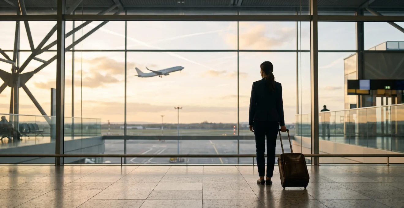 Voyageur silhouette contemplant un avion au décollage depuis un grand hall vitré d'aéroport au lever du jour