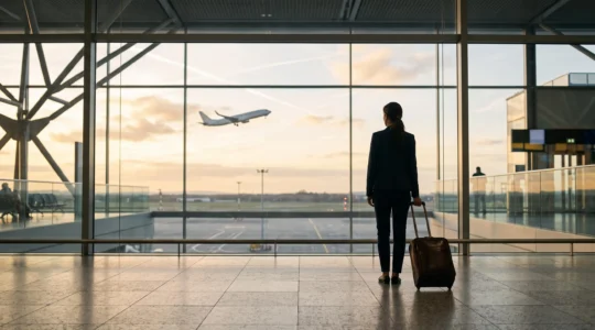 Voyageur silhouette contemplant un avion au décollage depuis un grand hall vitré d'aéroport au lever du jour