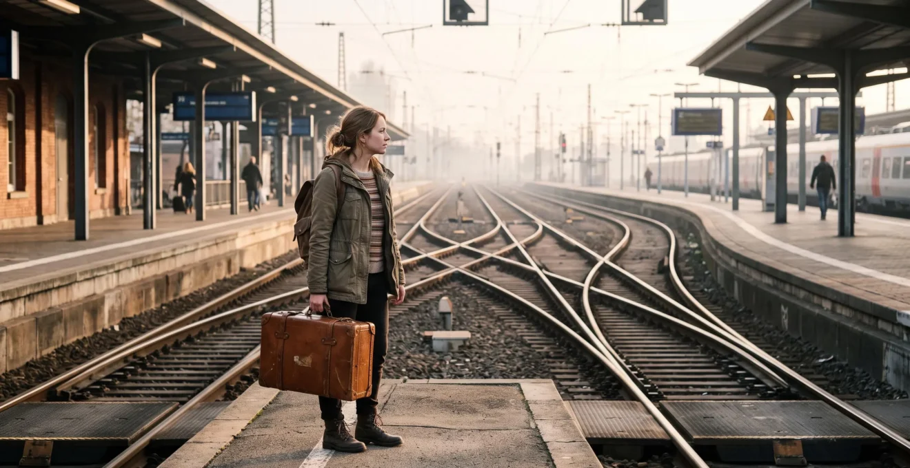 Voyageur avec une valise se tenant à un carrefour de gare, symbolisant le choix d'un itinéraire cohérent entre plusieurs destinations