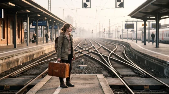 Voyageur avec une valise se tenant à un carrefour de gare, symbolisant le choix d'un itinéraire cohérent entre plusieurs destinations