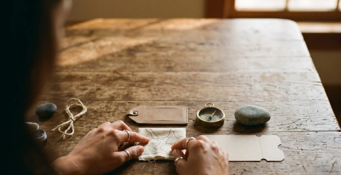 Un voyageur organise soigneusement les éléments de son voyage personnalisé sur une table en bois, symbolisant la construction d'un forfait sur mesure