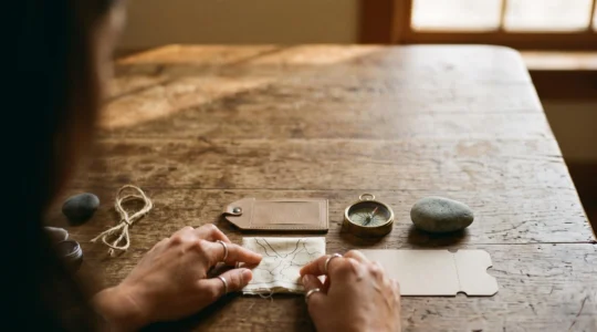 Un voyageur organise soigneusement les éléments de son voyage personnalisé sur une table en bois, symbolisant la construction d'un forfait sur mesure