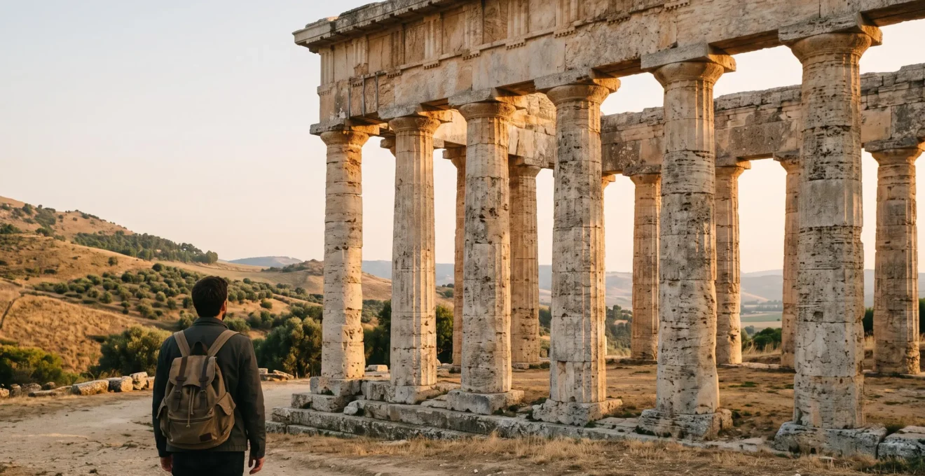 Un visiteur solitaire contemplant les colonnes doriques d'un temple grec antique baigné de lumière dorée, évoquant la restitution mentale du culte antique
