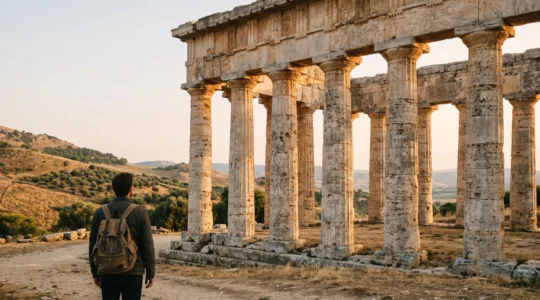 Un visiteur solitaire contemplant les colonnes doriques d'un temple grec antique baigné de lumière dorée, évoquant la restitution mentale du culte antique