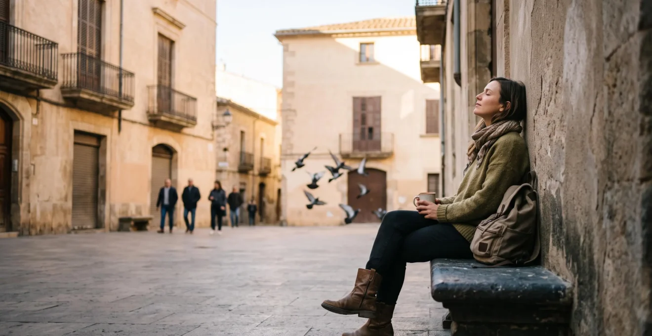 Voyageur assis en silence sur un banc, observant un paysage urbain baigné de lumière dorée, incarnant une expérience de voyage vécue en pleine conscience