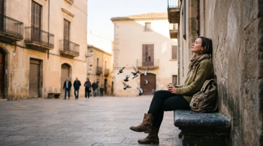 Voyageur assis en silence sur un banc, observant un paysage urbain baigné de lumière dorée, incarnant une expérience de voyage vécue en pleine conscience