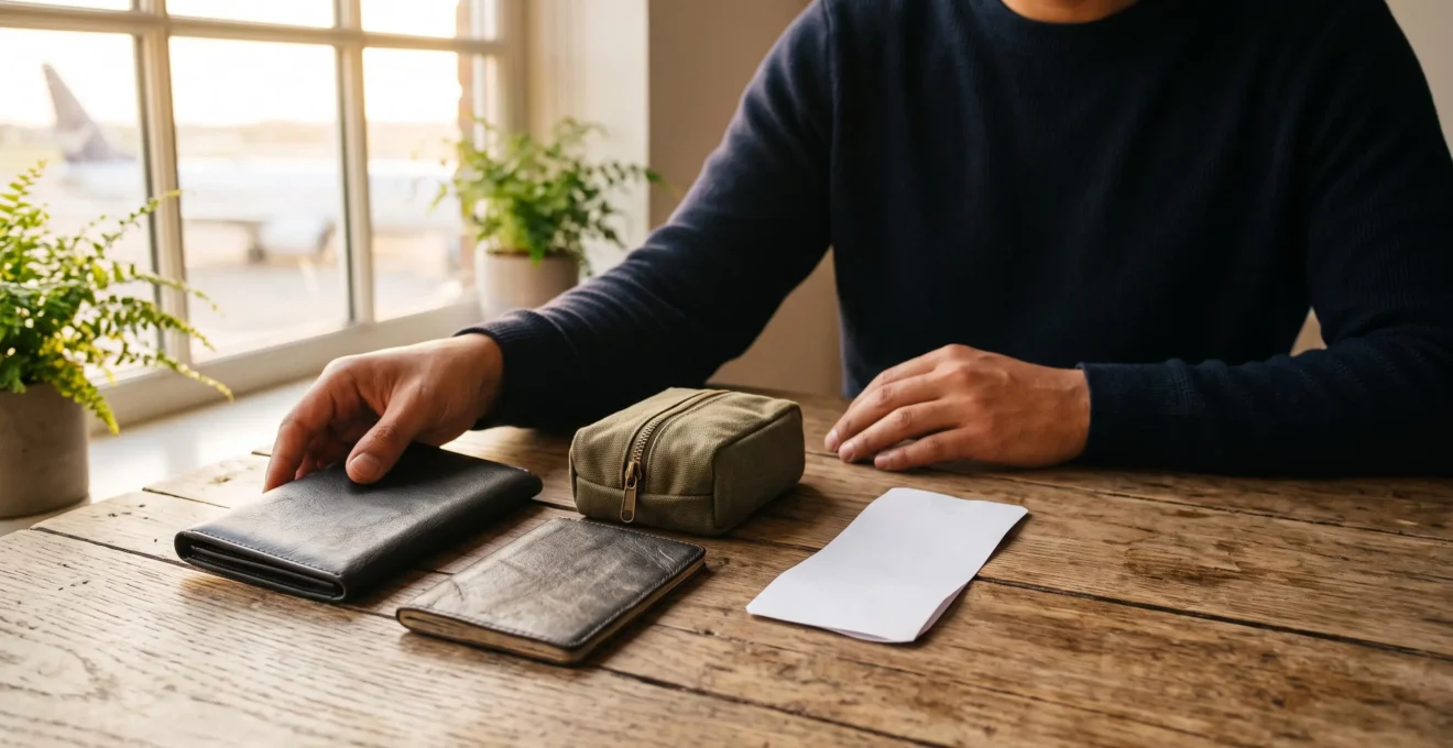 Voyageur organisant sereinement ses documents de santé et son passeport avant un départ à l'étranger