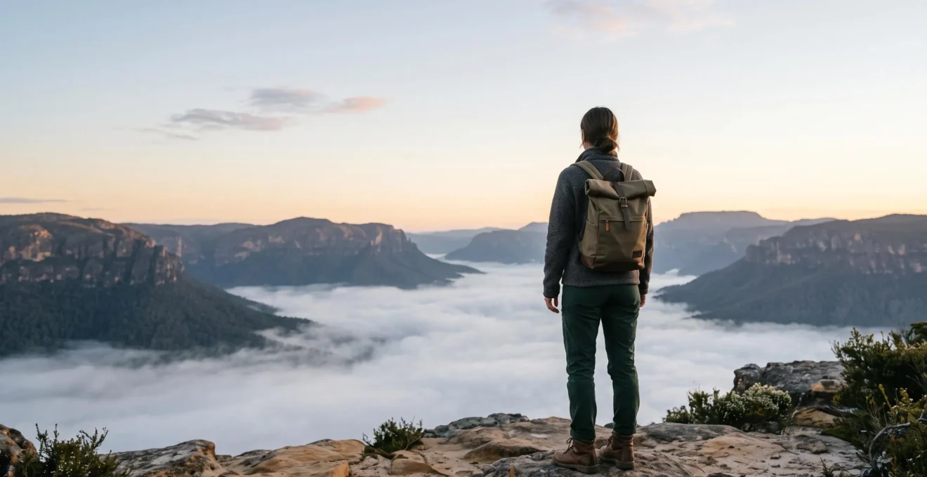 Un voyageur observe un paysage naturel préservé au lever du jour, symbolisant un tourisme respectueux et à faible impact.