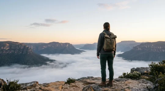 Un voyageur observe un paysage naturel préservé au lever du jour, symbolisant un tourisme respectueux et à faible impact.