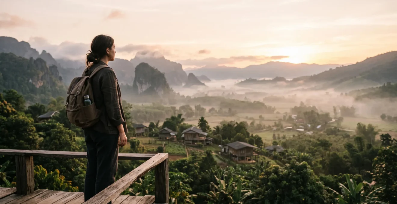 Voyageur solitaire observant avec respect un paysage thailandais authentique, loin des foules touristiques