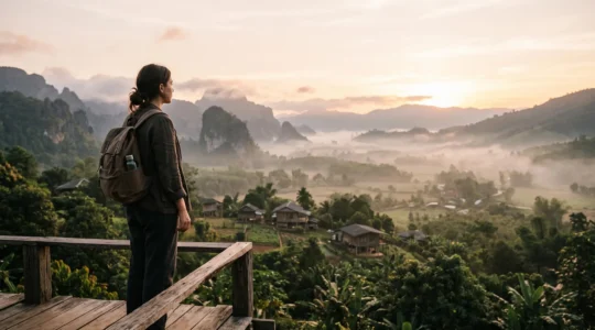 Voyageur solitaire observant avec respect un paysage thailandais authentique, loin des foules touristiques