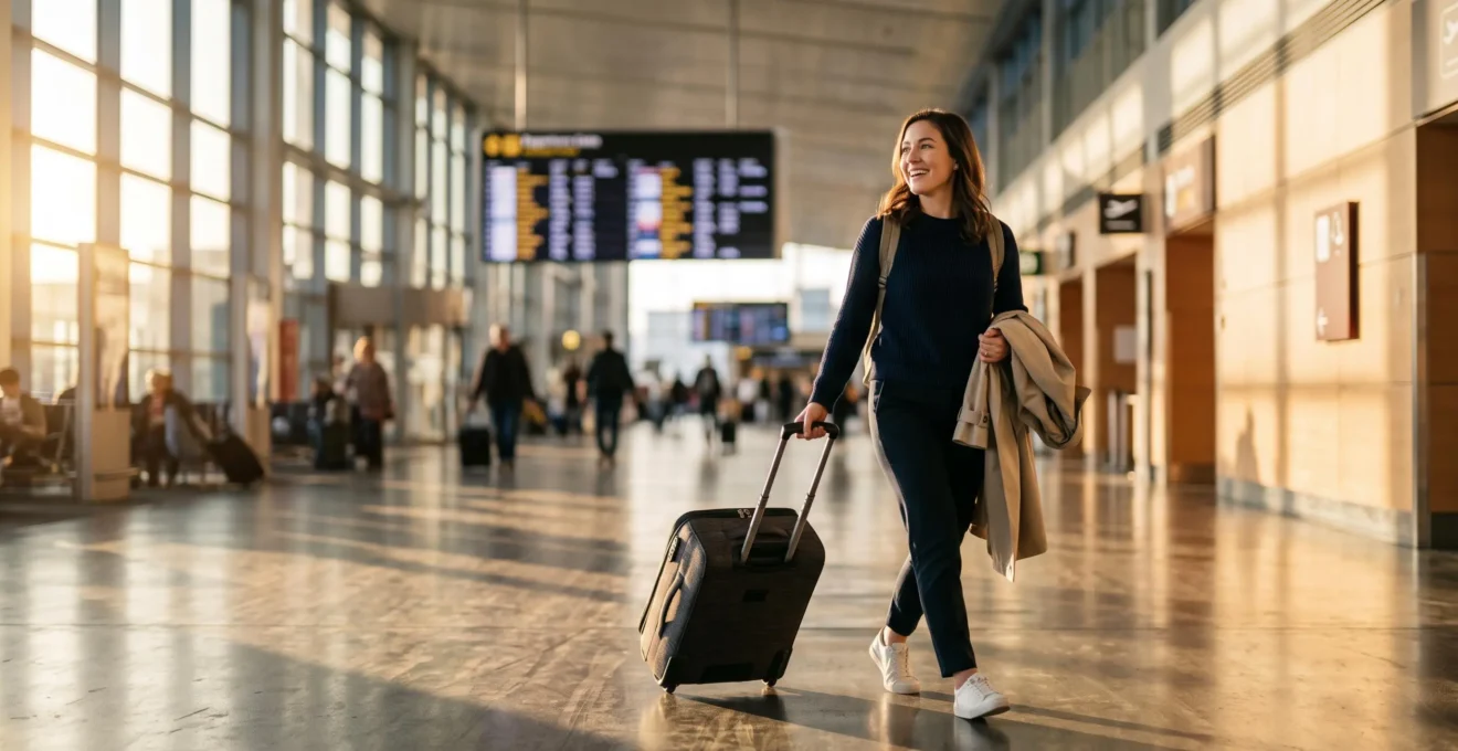 Voyageur tirant une valise a roulettes dans un hall d'aeroport baigne de lumiere doree, symbolisant un depart spontane et libre
