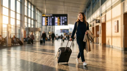 Voyageur tirant une valise a roulettes dans un hall d'aeroport baigne de lumiere doree, symbolisant un depart spontane et libre