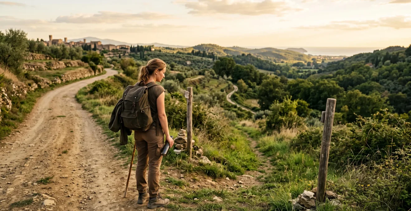 Voyageur seul sur un sentier de terre secondaire menant vers un panorama naturel préservé, loin des foules touristiques