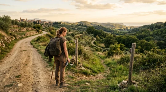 Voyageur seul sur un sentier de terre secondaire menant vers un panorama naturel préservé, loin des foules touristiques